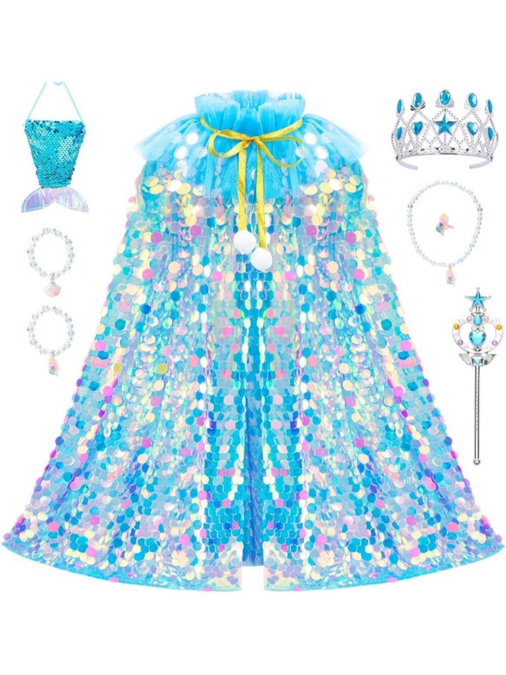 Mermaid Princess Dress Up Cape with Crown Costume Set for Girls Ages 3-8- Blue